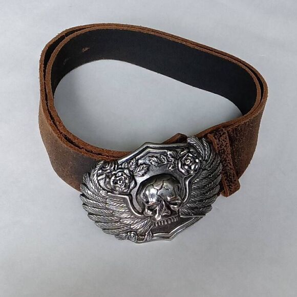 Riverland Island Men's Real Leather Rose Winged Skull Belt Medium - Picture 1 of 5